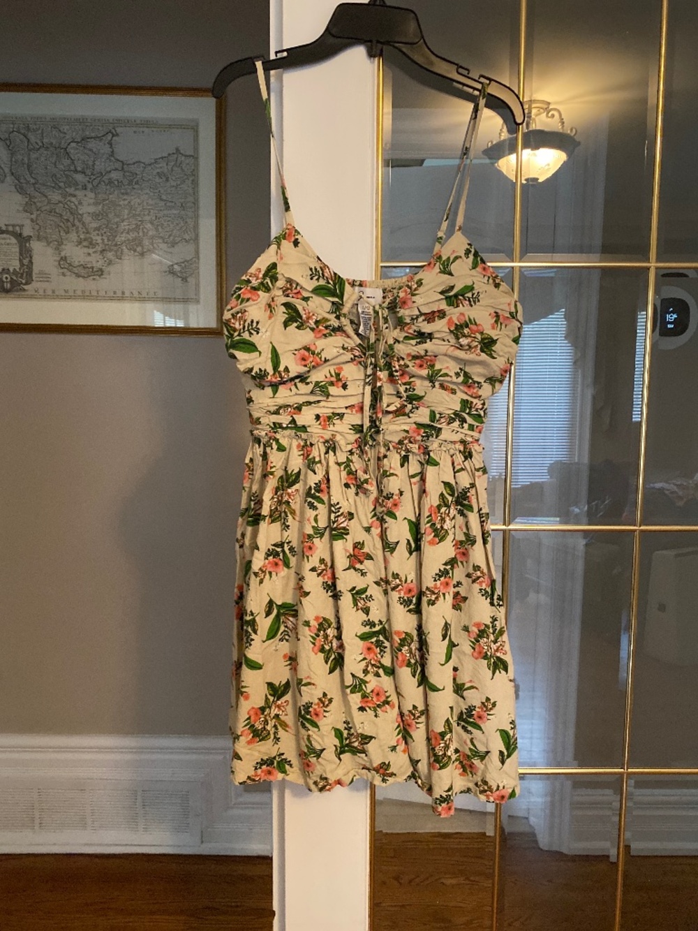 floral print mini dress with a ruched bodice and tie detailing.